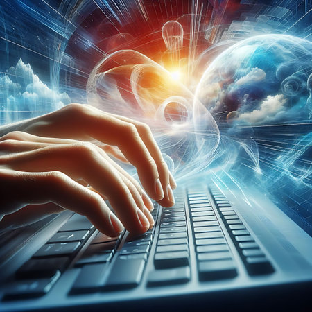 Hands typing on laptop keyboard against planet earth hologram 3D renderingの素材