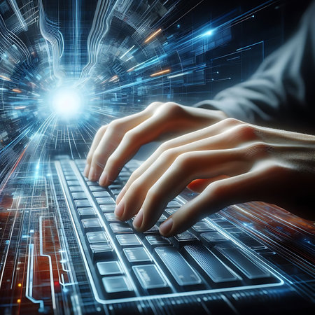 Close up of human hands typing on keyboard against blue glowing technology backgroundの素材