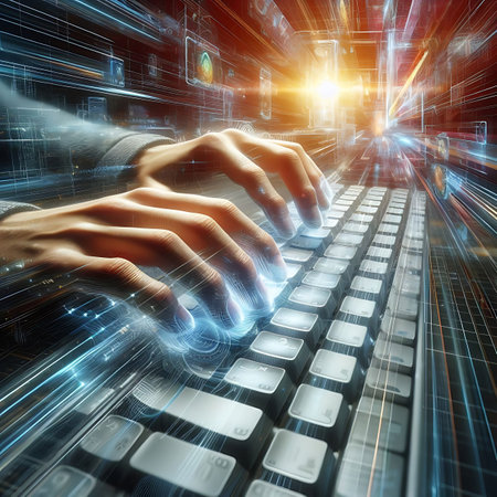 Close up of human hands typing on computer keyboard. 3D renderingの素材