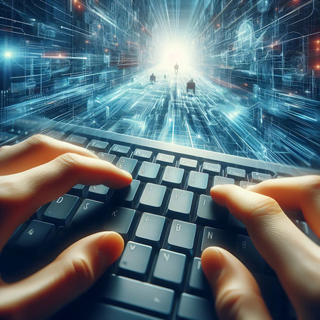Closeup image of human hands typing on laptop keyboard. Internet conceptの素材
