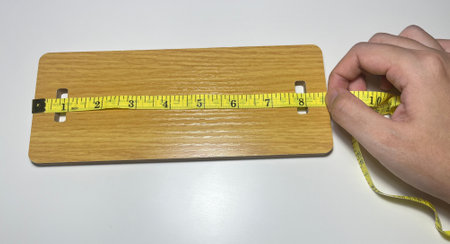 Wooden measuring tape in the hand of a tailor on a white backgroundの写真素材