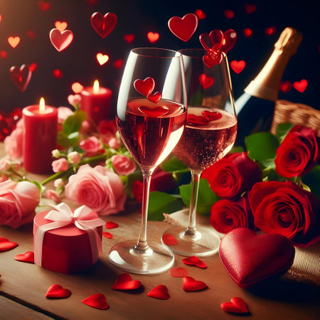 Valentine's day background. Two glasses of rose wine, gift box, red hearts and candles.の素材