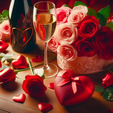 Valentine's day background with champagne, roses and gift boxの素材