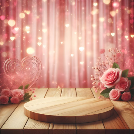 Valentine's Day background with wooden podium, hearts and flowersの素材