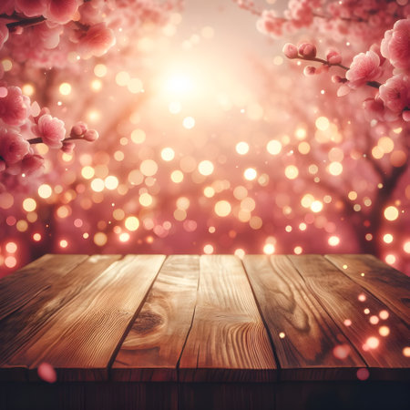 Wooden table in front of spring blossom background with bokehの素材