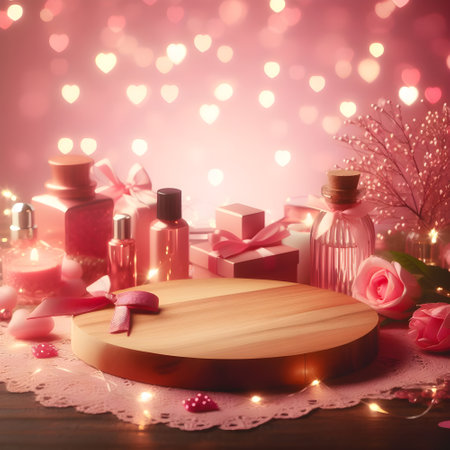 Spa still life with wooden podium and gift box on bokeh backgroundの素材