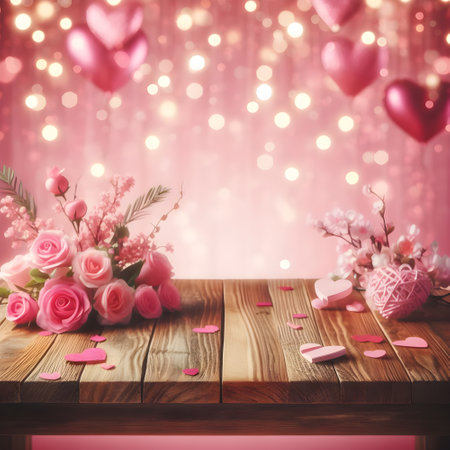 Wooden table with pink roses and hearts on bokeh backgroundの素材