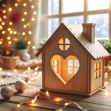 Wooden toy house with heart on the window sill. Christmas and New Year conceptの素材