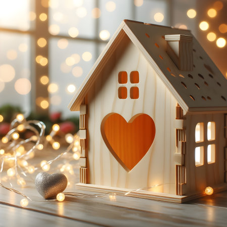 Wooden toy house with heart and garland lights on the backgroundの素材
