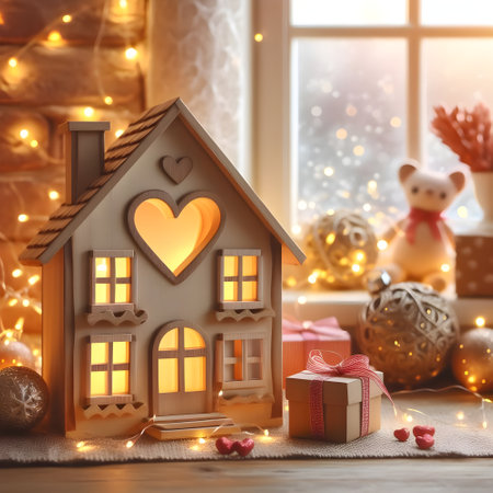 Christmas decoration with gingerbread house and gift box on windowsill backgroundの素材