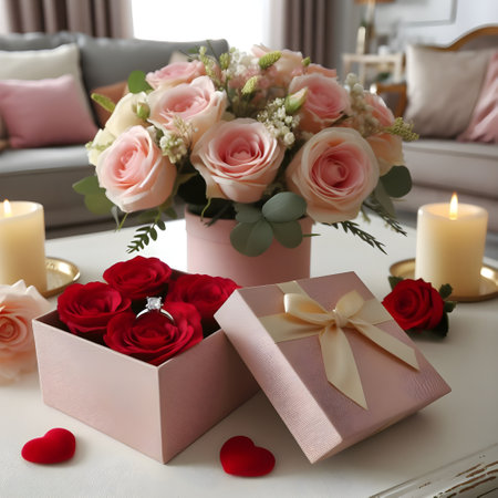 Beautiful bouquet of roses and gift boxes on table in roomの素材