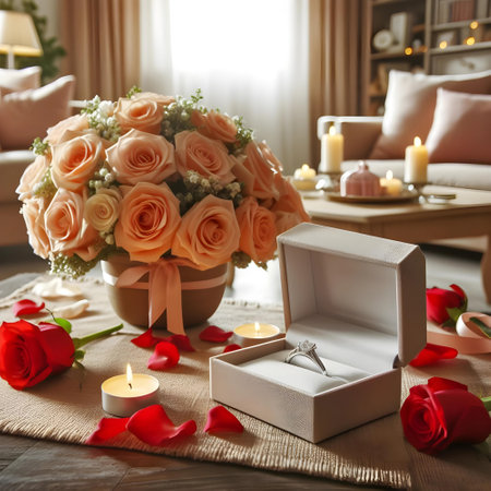 Wedding rings in box with flowers on table in living roomの素材