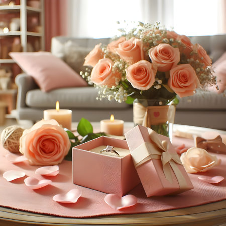 Wedding rings in gift box with flowers on table in roomの素材