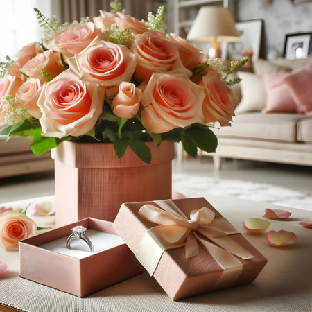 Wedding rings in gift box with flowers on table in roomの素材