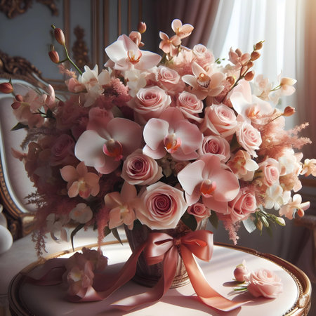 Bouquet of pink flowers in a vase on a chairの素材