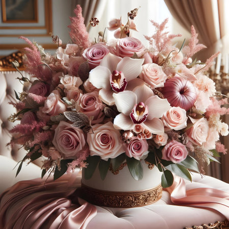 Wedding bouquet of pink and white flowers in vaseの素材