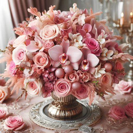 Wedding bouquet of pink orchids in copper vaseの素材
