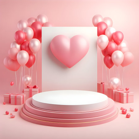 3d render of valentine's day background with podium, heart and balloonsの素材