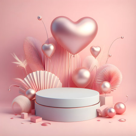 3d render of valentine's day abstract background with podium and heartsの素材