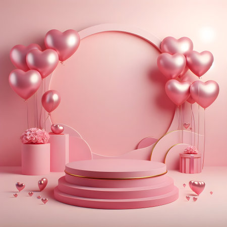 Valentine's day background with pink podium and heart shaped balloons. 3d renderingの素材