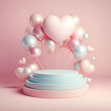3d render of pink pedestal with heart shaped balloons and heartsの素材