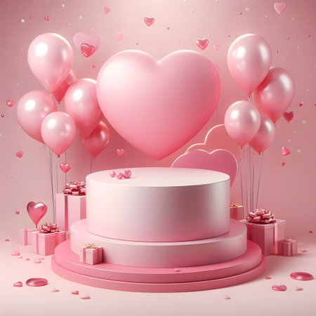 Valentine's day background with hearts, gift boxes and pink balloons. 3d renderingの素材