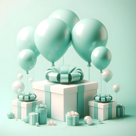 Gift boxes and balloons on blue background. 3D rendering.の素材