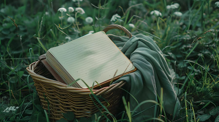 Wicker basket with books in the grass. Vintage style photo.の素材