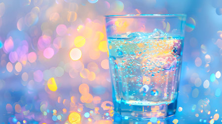 Glass of water with ice and bubbles on colorful bokeh backgroundの素材