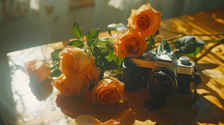 A bouquet of orange roses on a table with a retro cameraの素材