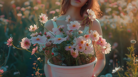 Beautiful girl in a field with a bouquet of flowers.の素材