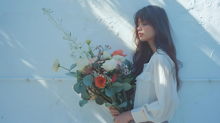 Portrait of a beautiful young asian woman with bouquet of flowersの素材
