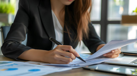 Close up of businesswoman hand working with document at office desk.の素材