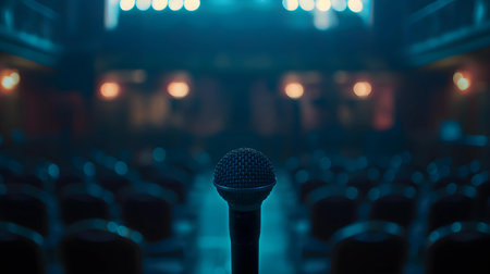 Microphone in conference hall or seminar room with lighting and bokeh background.の素材