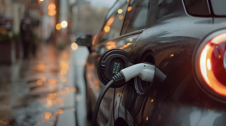 Electric car charging in the city. Close-up. Selective focus.の素材