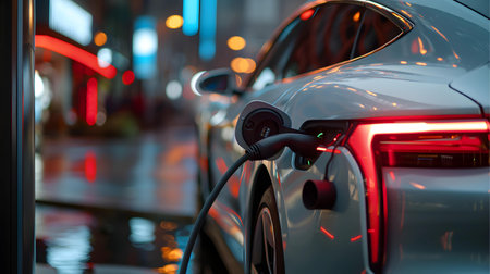 Charging an electric car in the city at night, close-upの素材