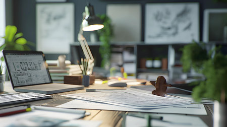 Architect working on drawing table in office. Architectural project.の素材