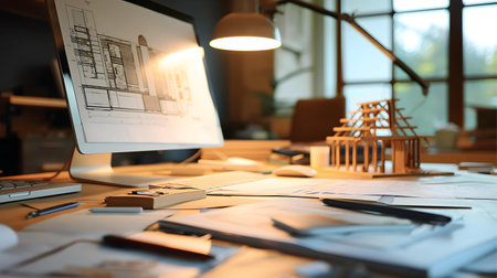 Architect working on drawing table in office. Construction and architecture concept.の素材
