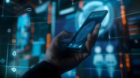 Close up of a man hand using mobile smart phone with binary code on the screenの素材