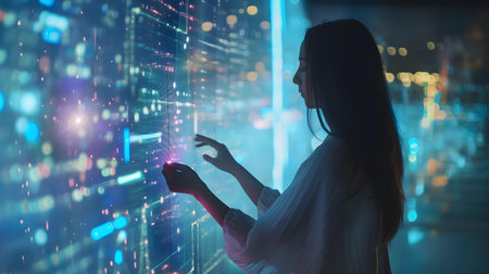 Young woman working with a virtual panel in the office at night.の素材