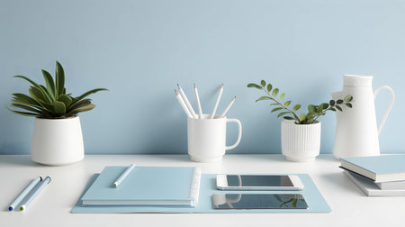 Modern workplace with stationery and plants on white table. Mock upの素材