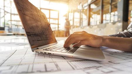 Closeup image of female architect working on laptop computer in modern officeの素材