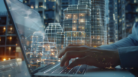 Close up of businessman hands typing on laptop keyboard with cityscape at backgroundの素材