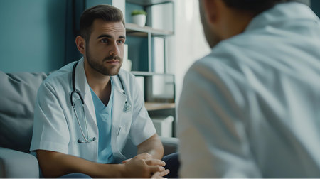 selective focus of male doctor talking with young patient in hospital officeの素材