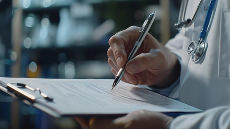 Male doctor filling up medical form in hospital office. Close-up of male hands holding silver pen. Medicine and healthcare conceptの素材