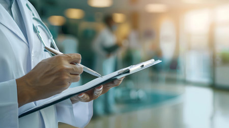 Doctor writing on clipboard in the hospital. Medical and healthcare concept.の素材