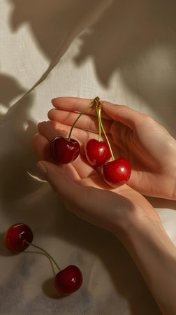 Two cherries in the hands of a girl on a light backgroundの素材