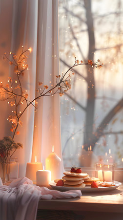 Composition with delicious pancakes and burning candles on window sill in roomの素材