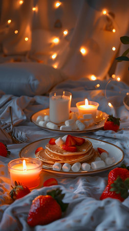 Pancakes with strawberrieshmallows and candles on the bedの素材