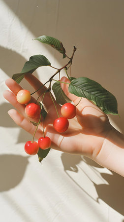 Cherries in the hands of a child on a light backgroundの素材